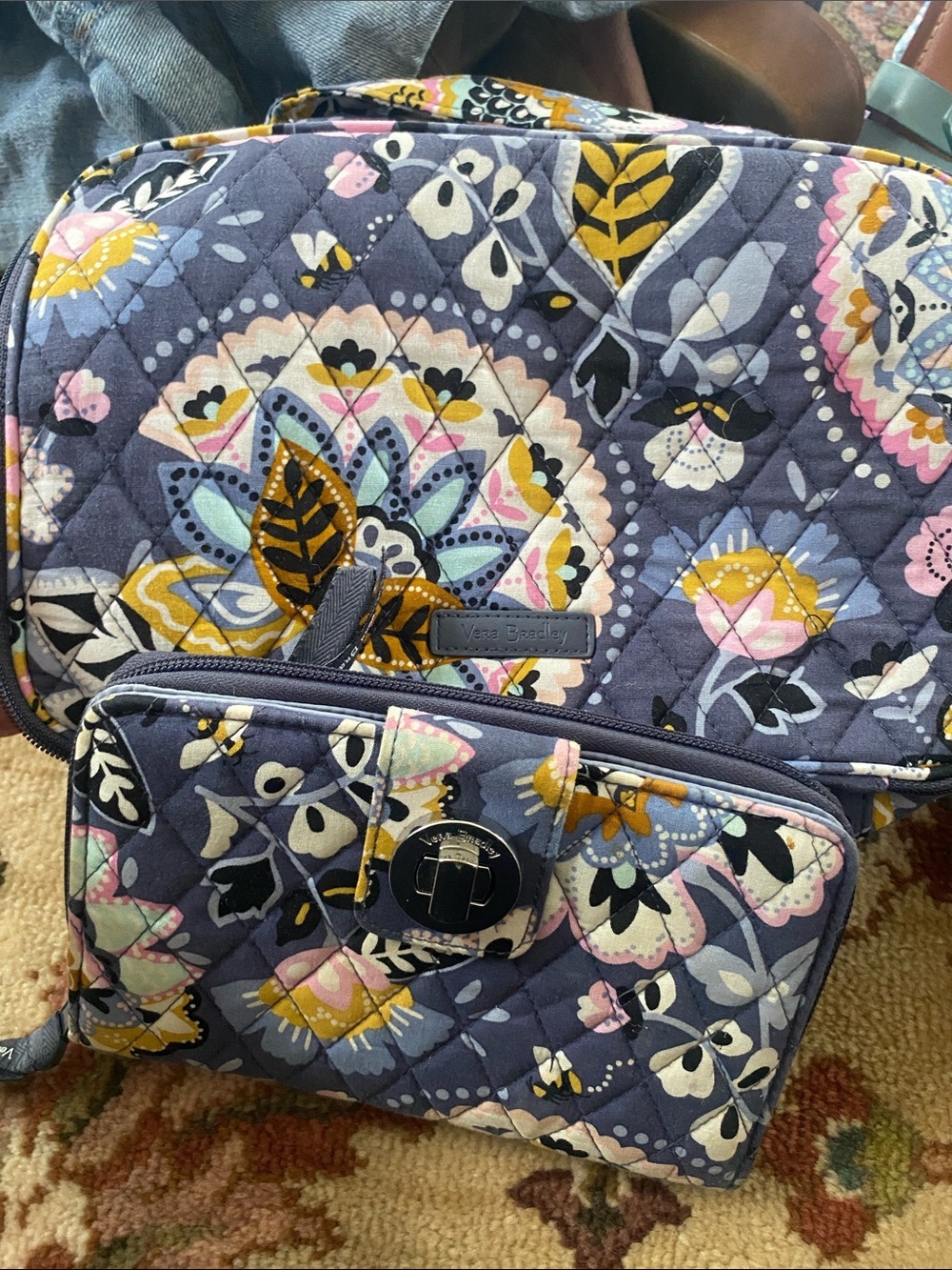 Vera Bradley Quilted Floral Cosmetic Bag Set in Navy, Pink, makeup bag wallet